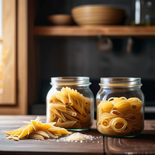 Assorted dried pasta varieties in a pantry.