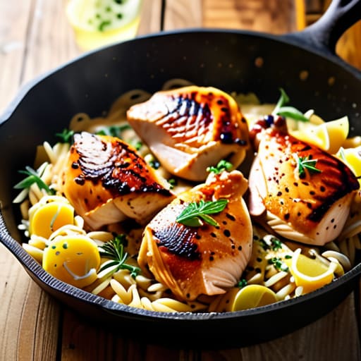One-pan Lemon Garlic Chicken and Orzo.