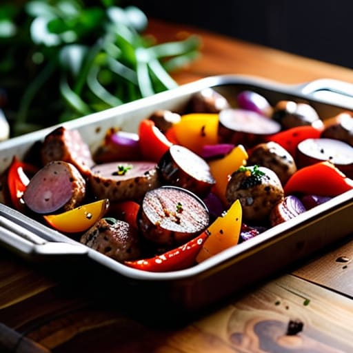 One-pan Sausage, Peppers, and Onions meal.